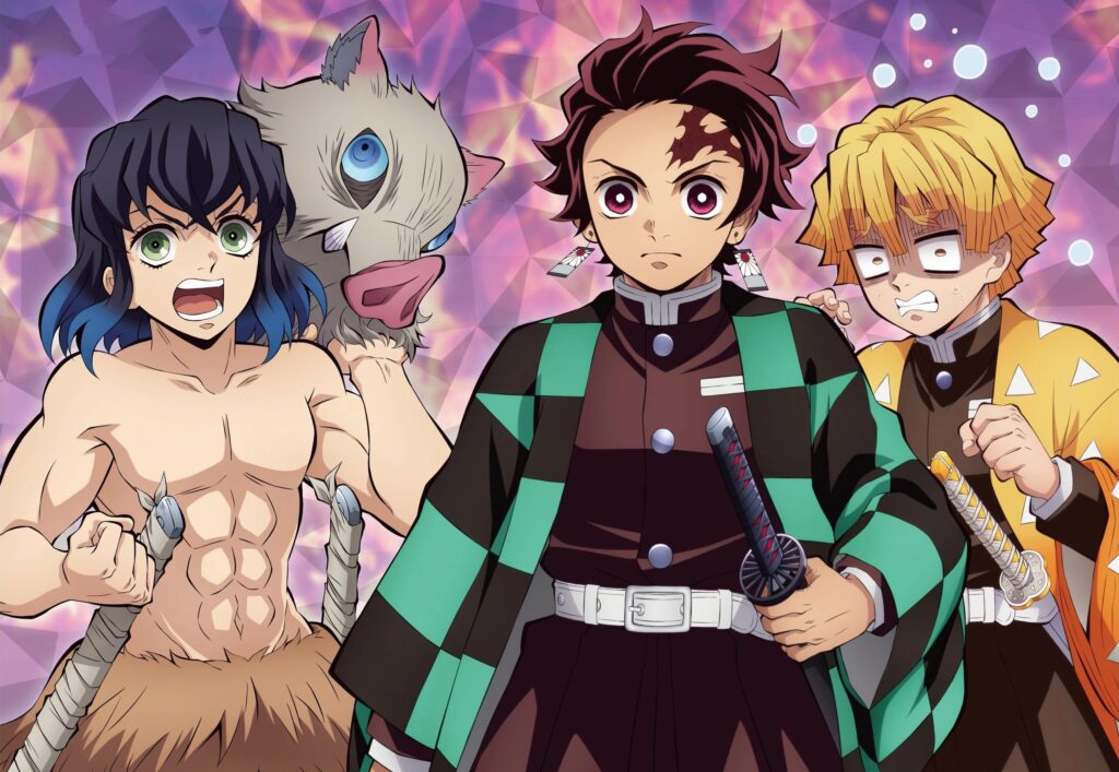 tanjiro,zenitsu and inosuke standing together